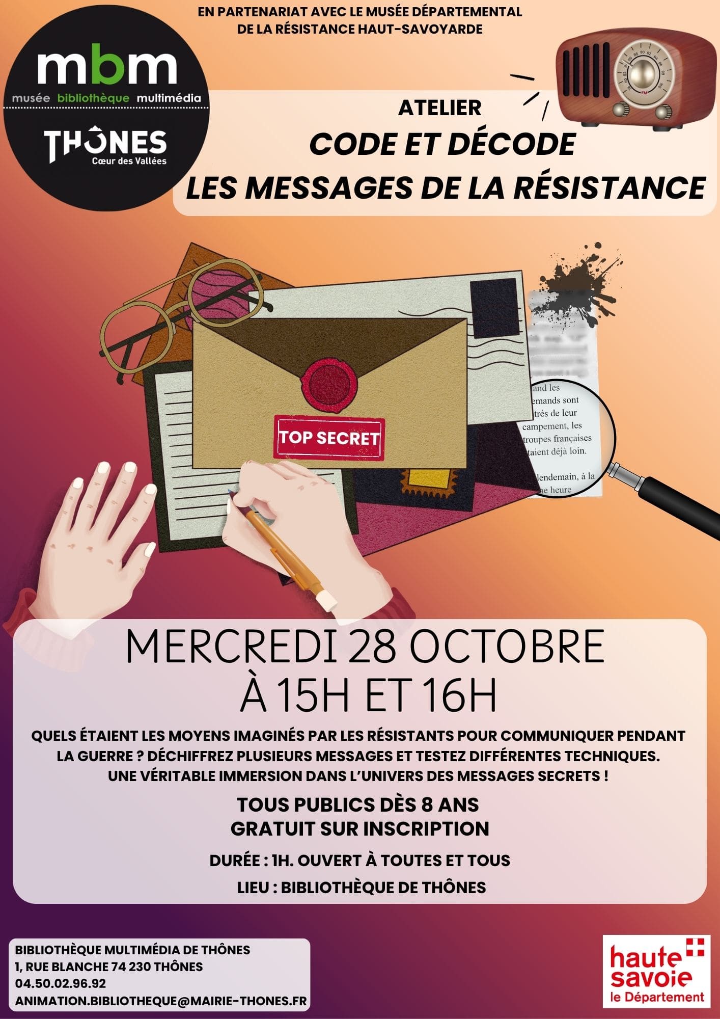 Affiche atelier "Code et décode les messages de la résistance"